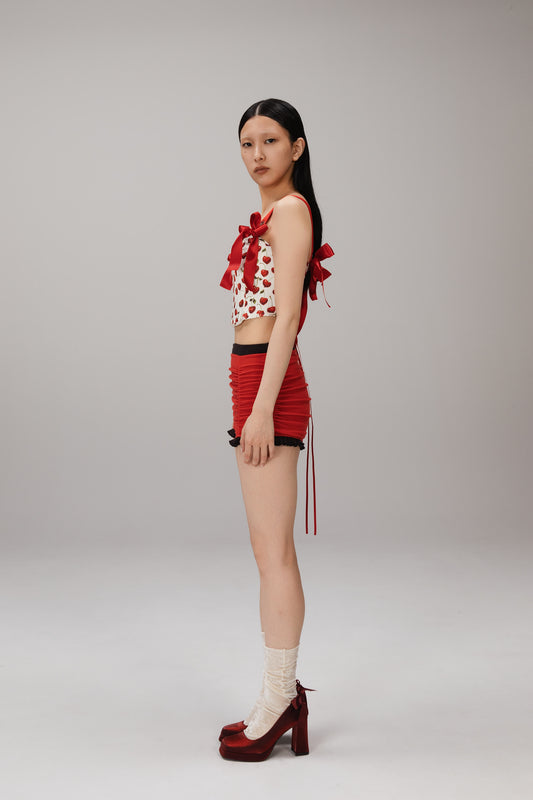 Red Ruched Shorts worn