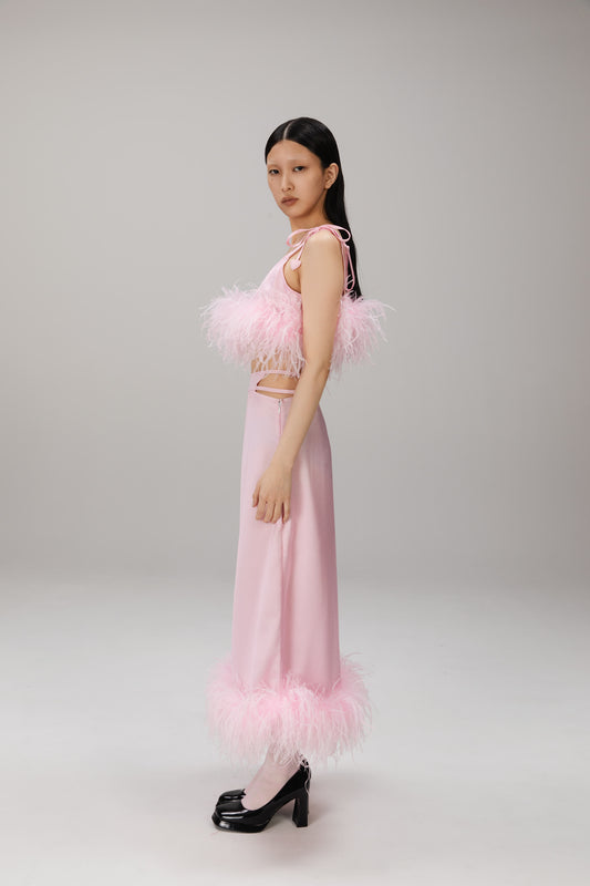 Pink Feather-Hem Satin Skirt worn
