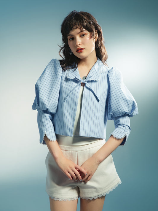 Striped Puff-Sleeve Short Jacket