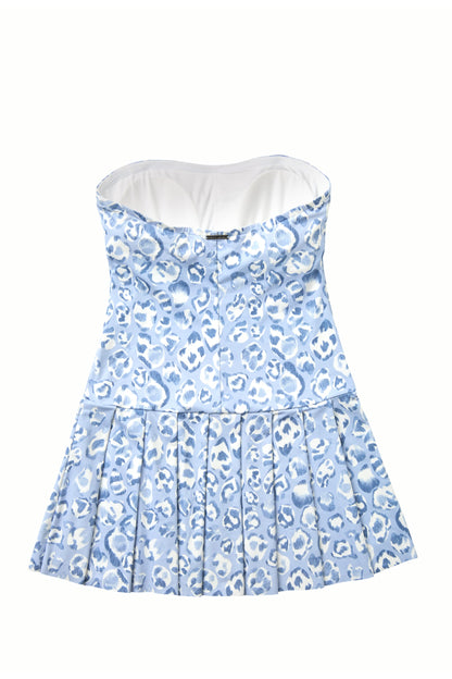 Blue Leopard Pleated Mini Dress