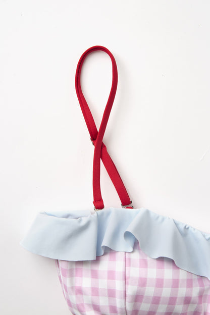 Pink Gingham Ruffle Bandeau Top