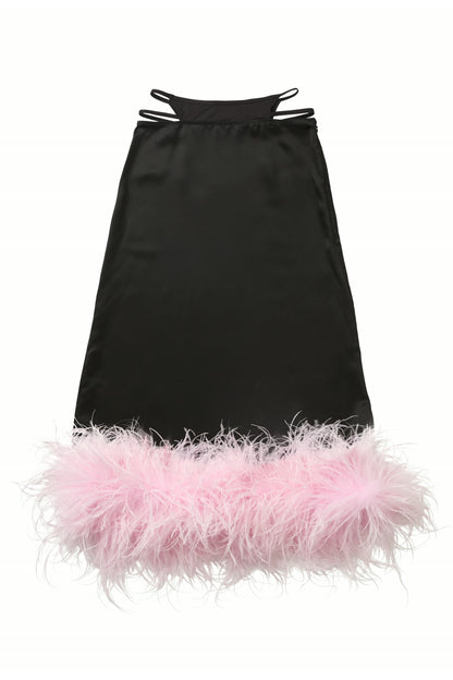 Black Feather-Hem Satin Skirt