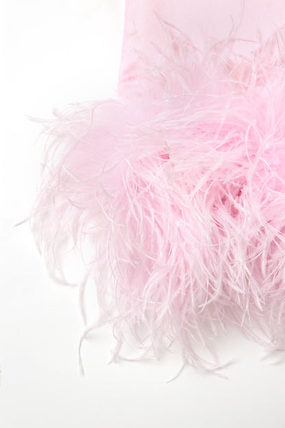 Pink Feather-Hem Satin Skirt