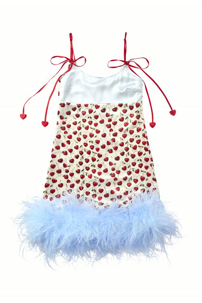 Cherry Feather-Hem Slip Dress