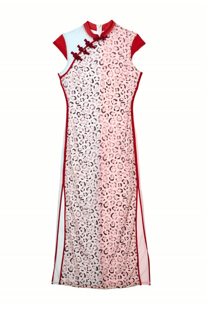 Pink Leopard Qipao Midi Dress