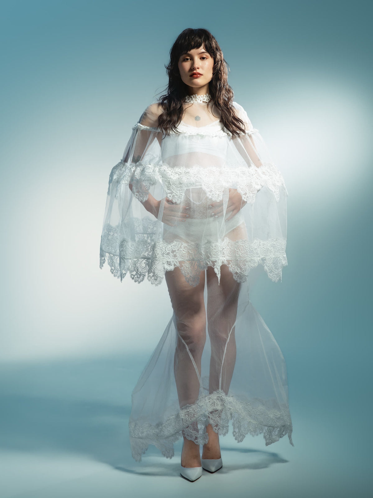 Sheer Tulle Lace Cape Blouse - lookbook