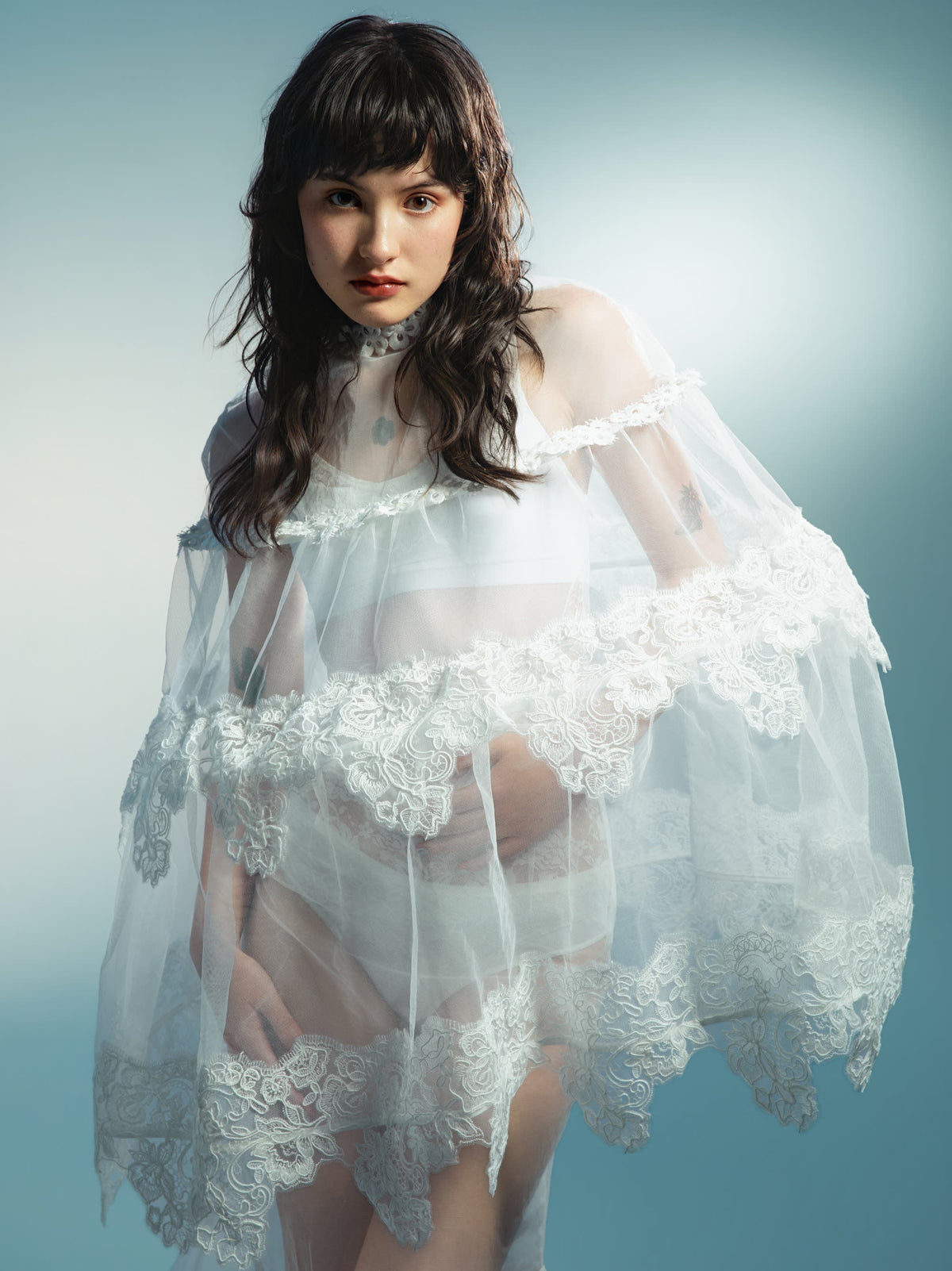 Sheer Tulle Lace Cape Blouse - lookbook