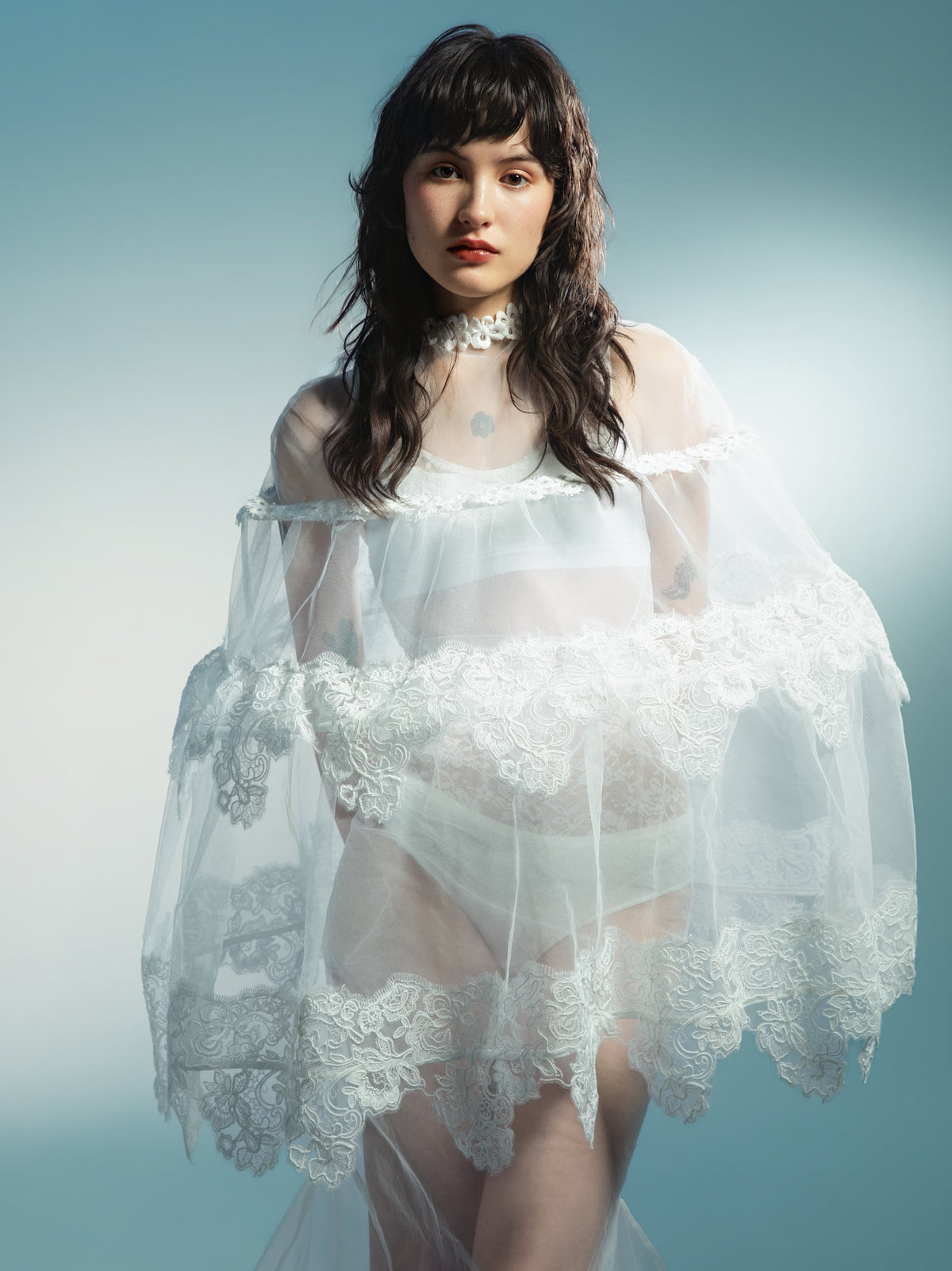Sheer Tulle Lace Cape Blouse - lookbook