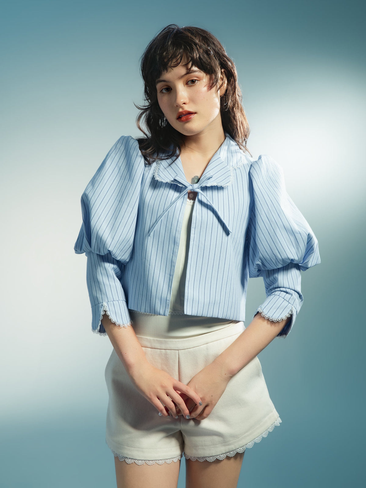 Striped Puff-Sleeve Short Jacket - lookbook