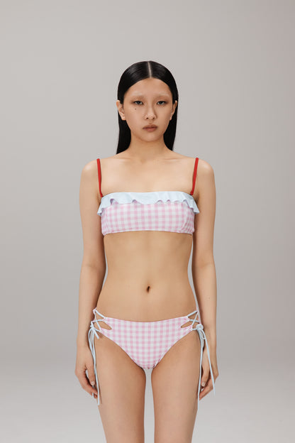 Pink Gingham Ruffle Bandeau Top worn