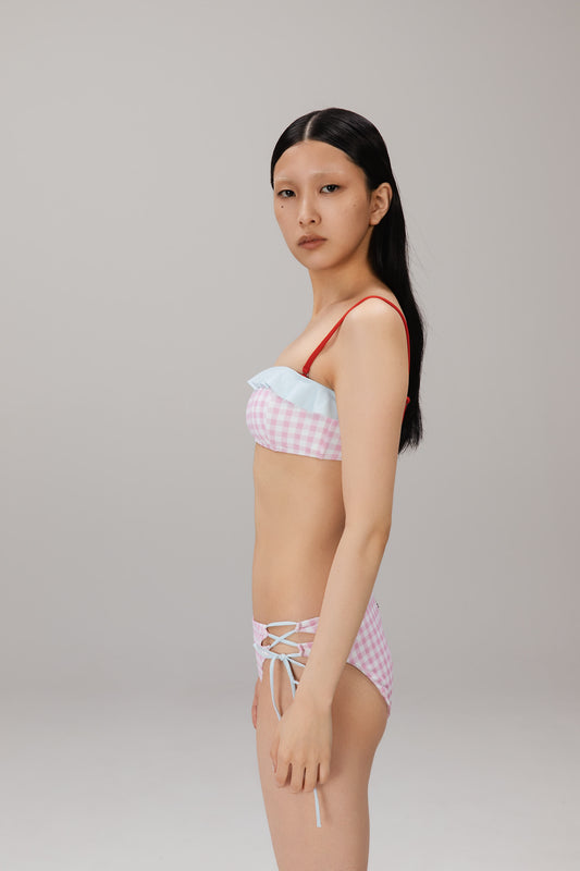 Pink Gingham Ruffle Bandeau Top worn