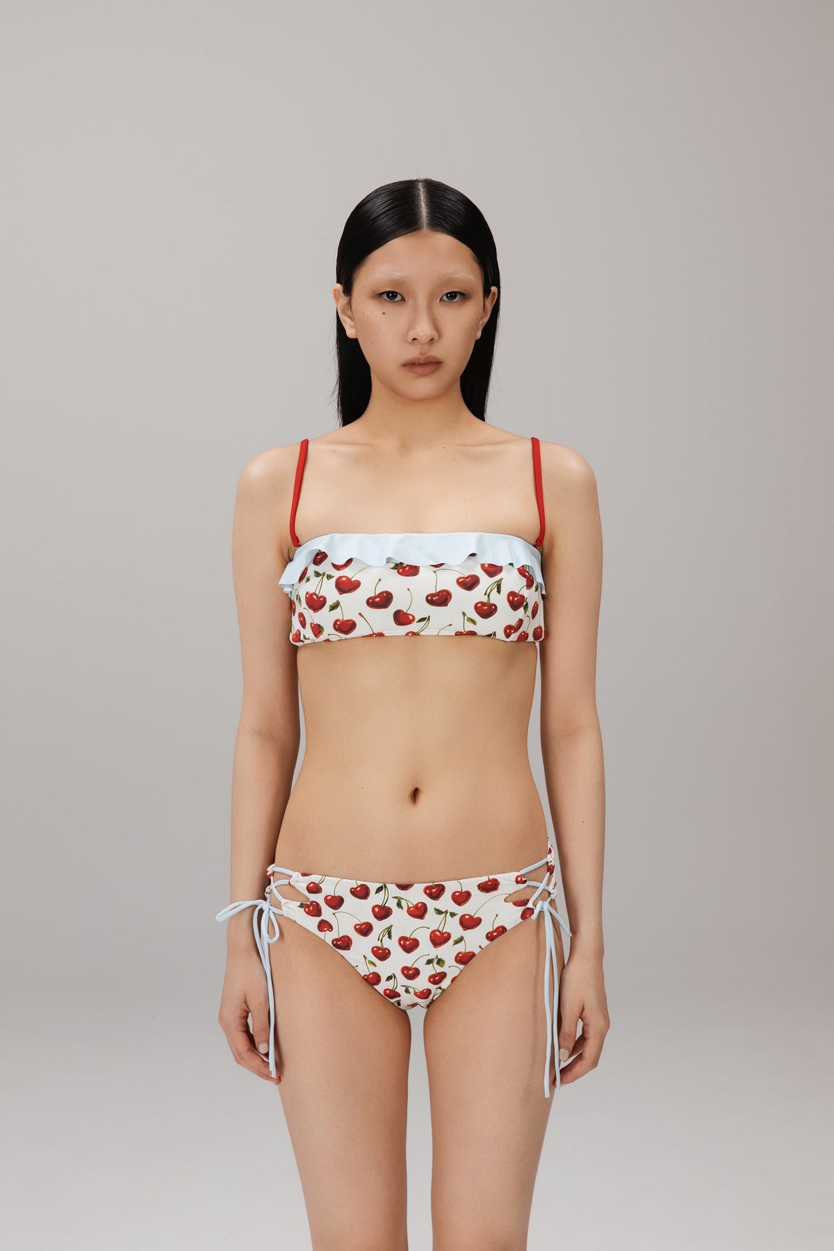 Cherry Ruffle Bandeau Top worn