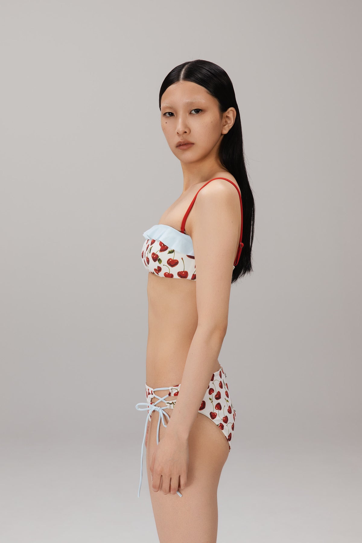 Cherry Ruffle Bandeau Top worn