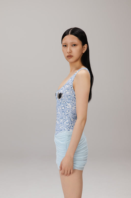 Blue Leopard Heart Swim Dress worn