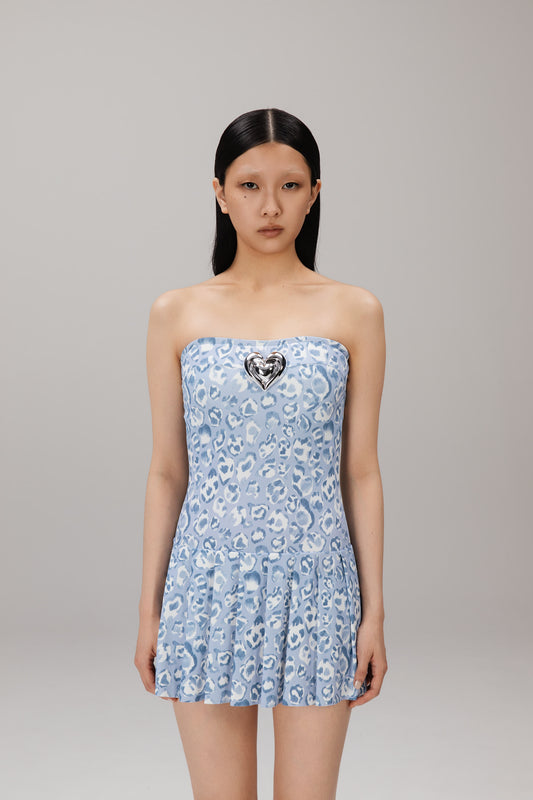 Blue Leopard Pleated Mini Dress worn