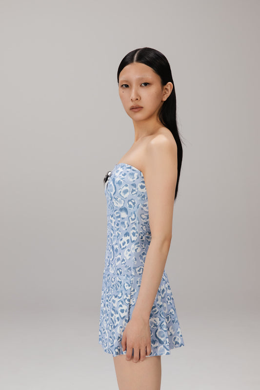 Blue Leopard Pleated Mini Dress worn