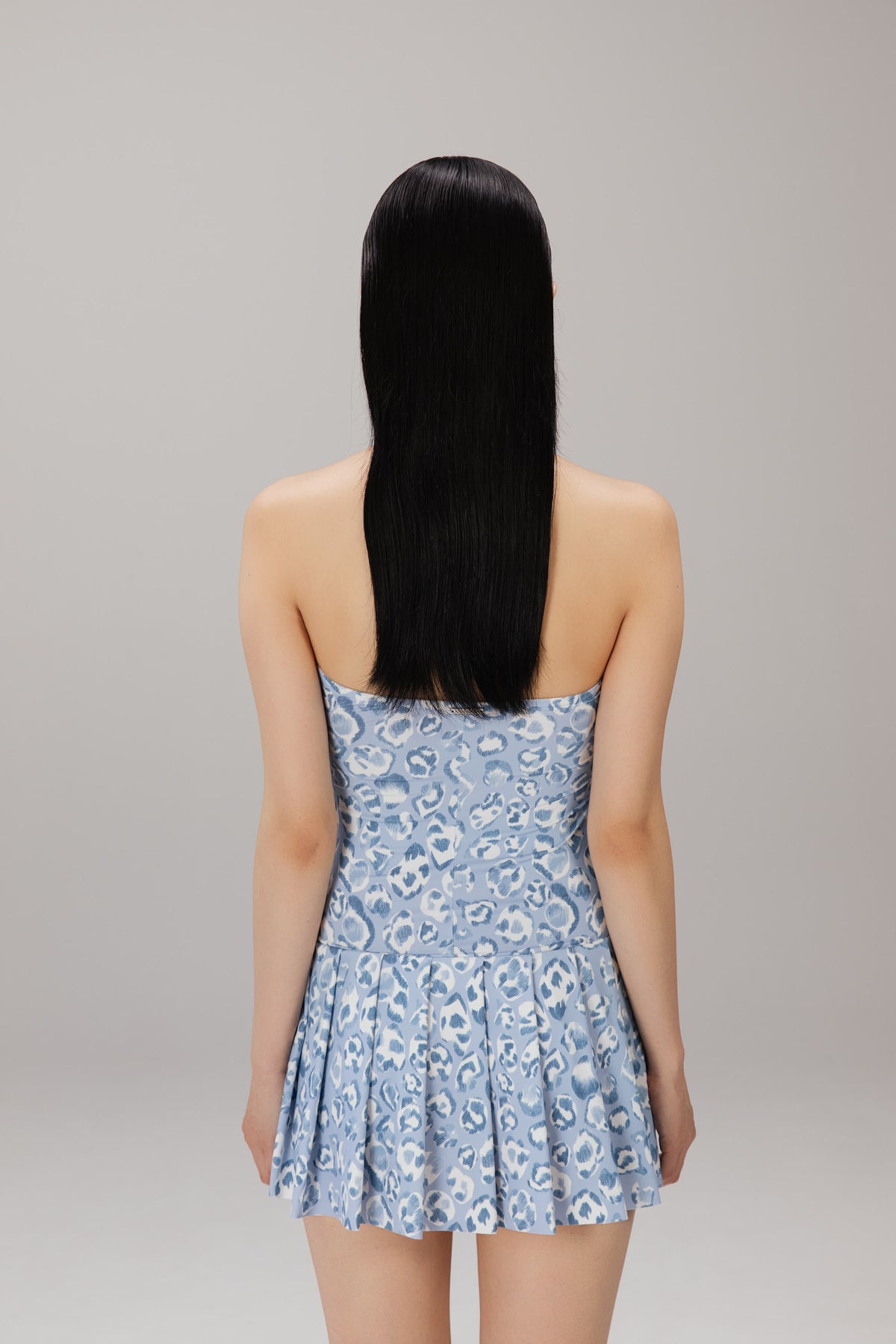 Blue Leopard Pleated Mini Dress worn