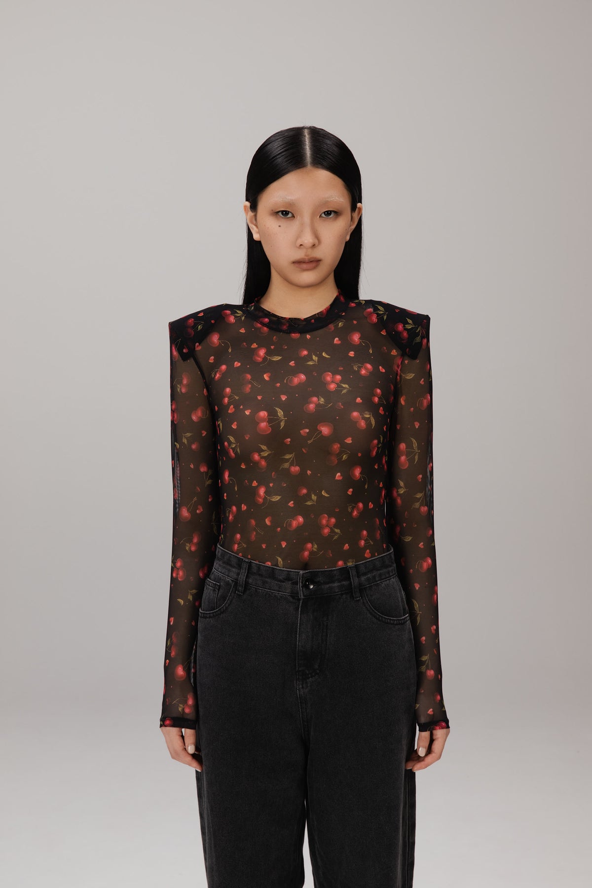 Black Cherry Mesh Bodysuit worn
