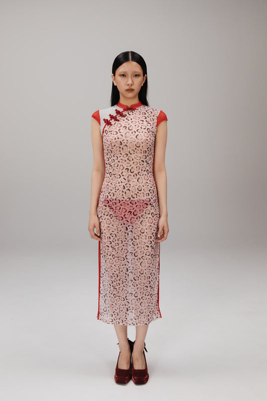 Pink Leopard Qipao Midi Dress worn