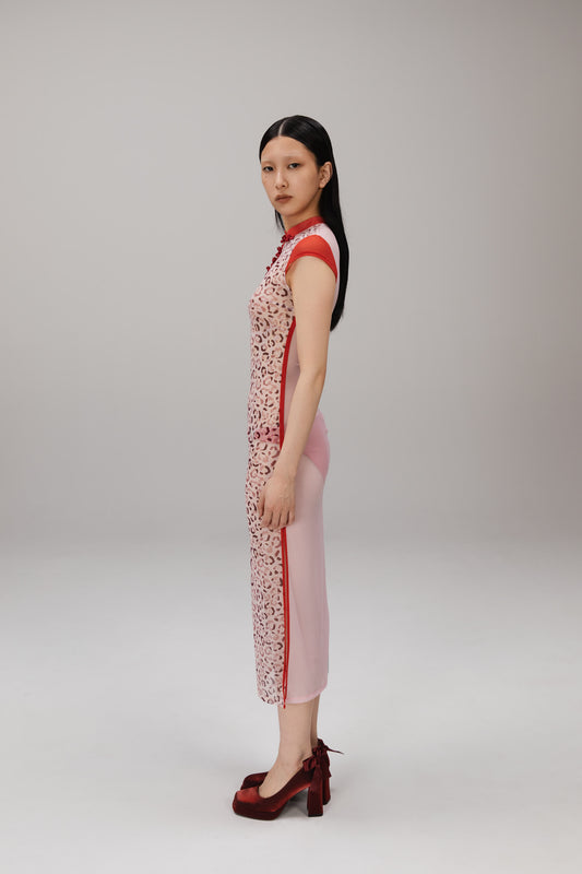 Pink Leopard Qipao Midi Dress worn