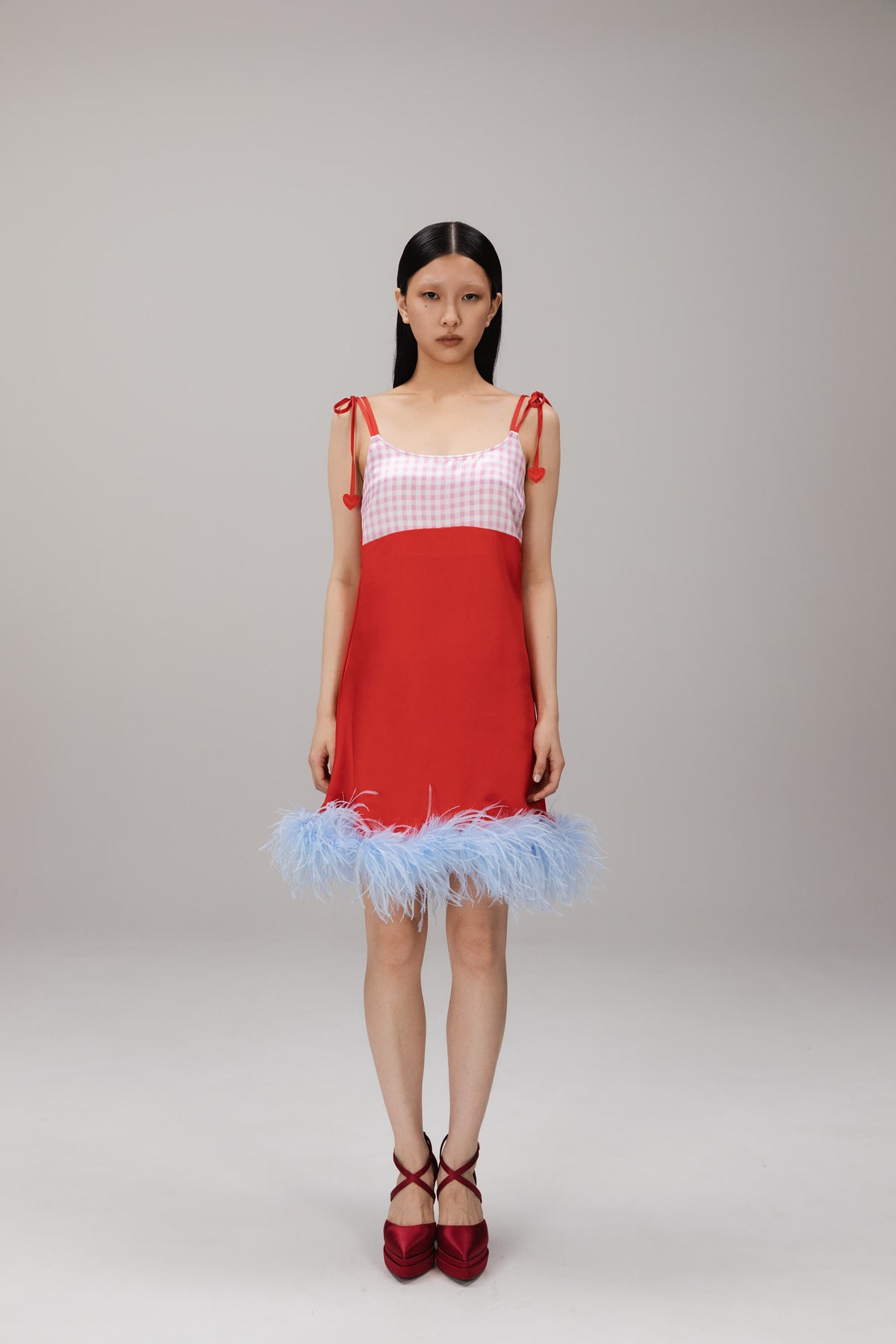 Red Gingham Feather-Hem Slip Dress worn