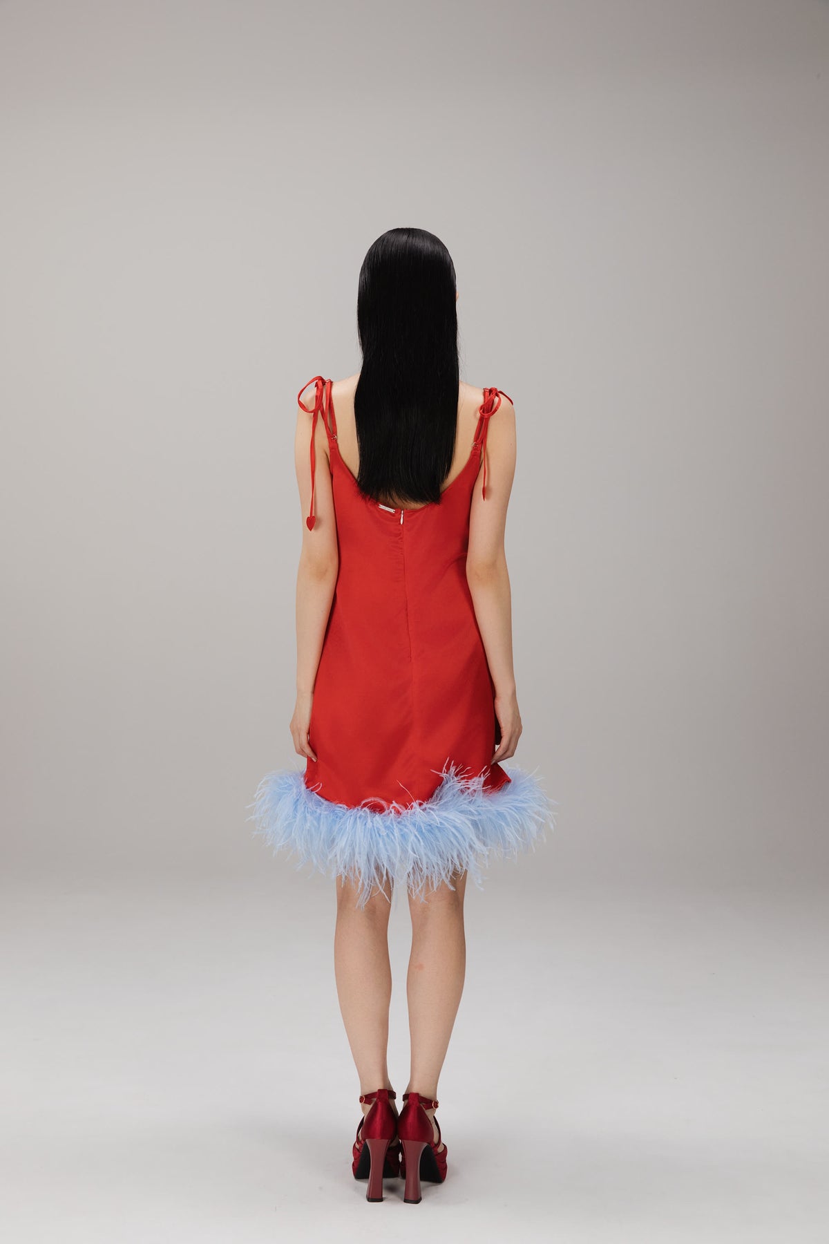 Red Gingham Feather-Hem Slip Dress worn