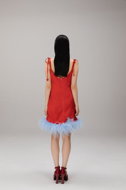 Red Gingham Feather-Hem Slip Dress worn