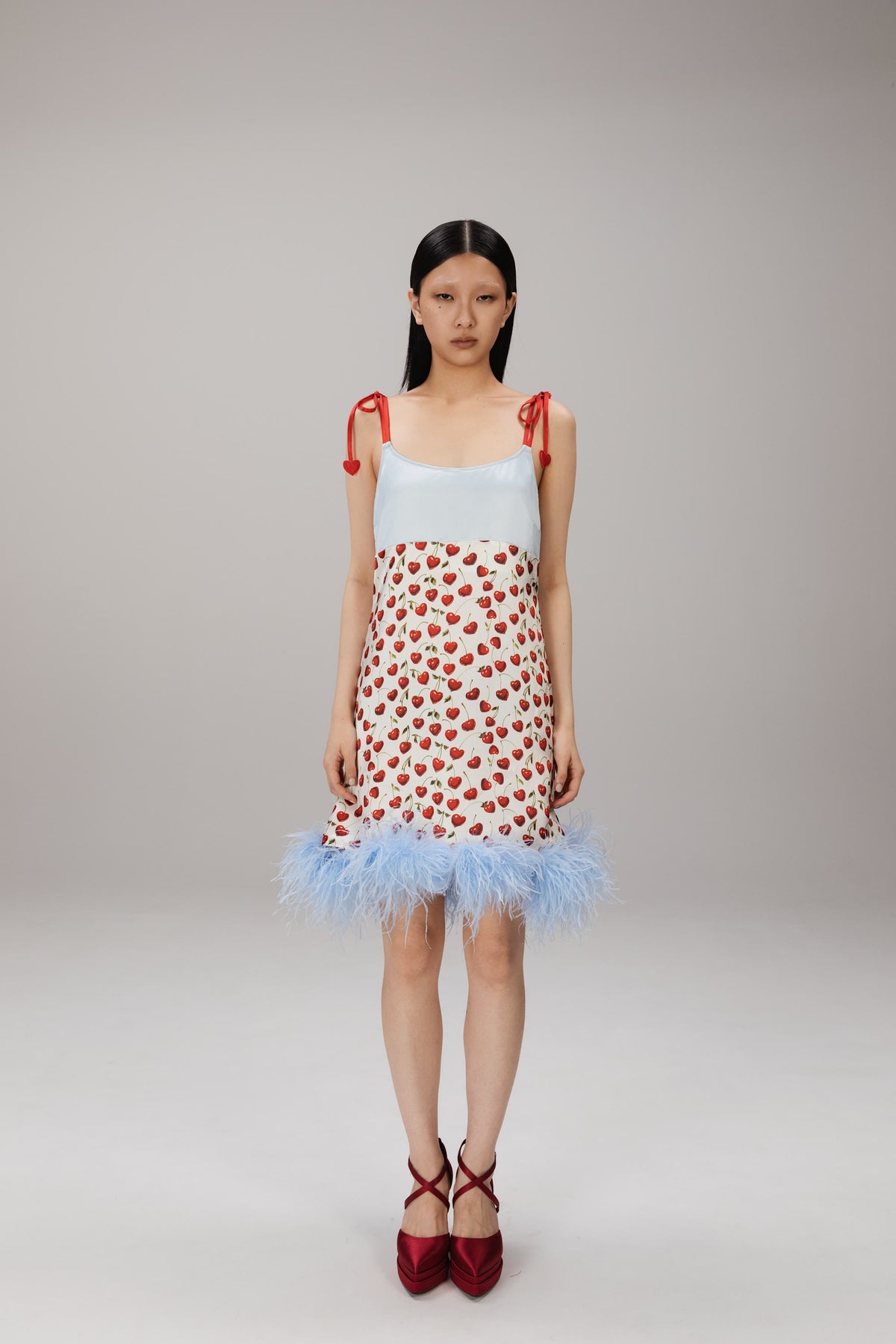 Cherry Feather-Hem Slip Dress worn