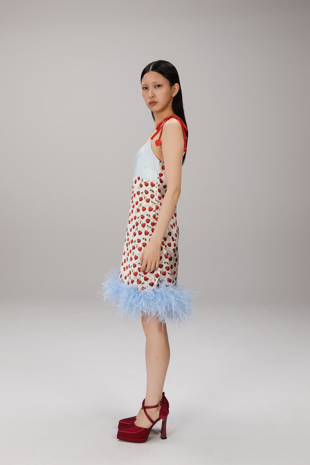 Cherry Feather-Hem Slip Dress worn