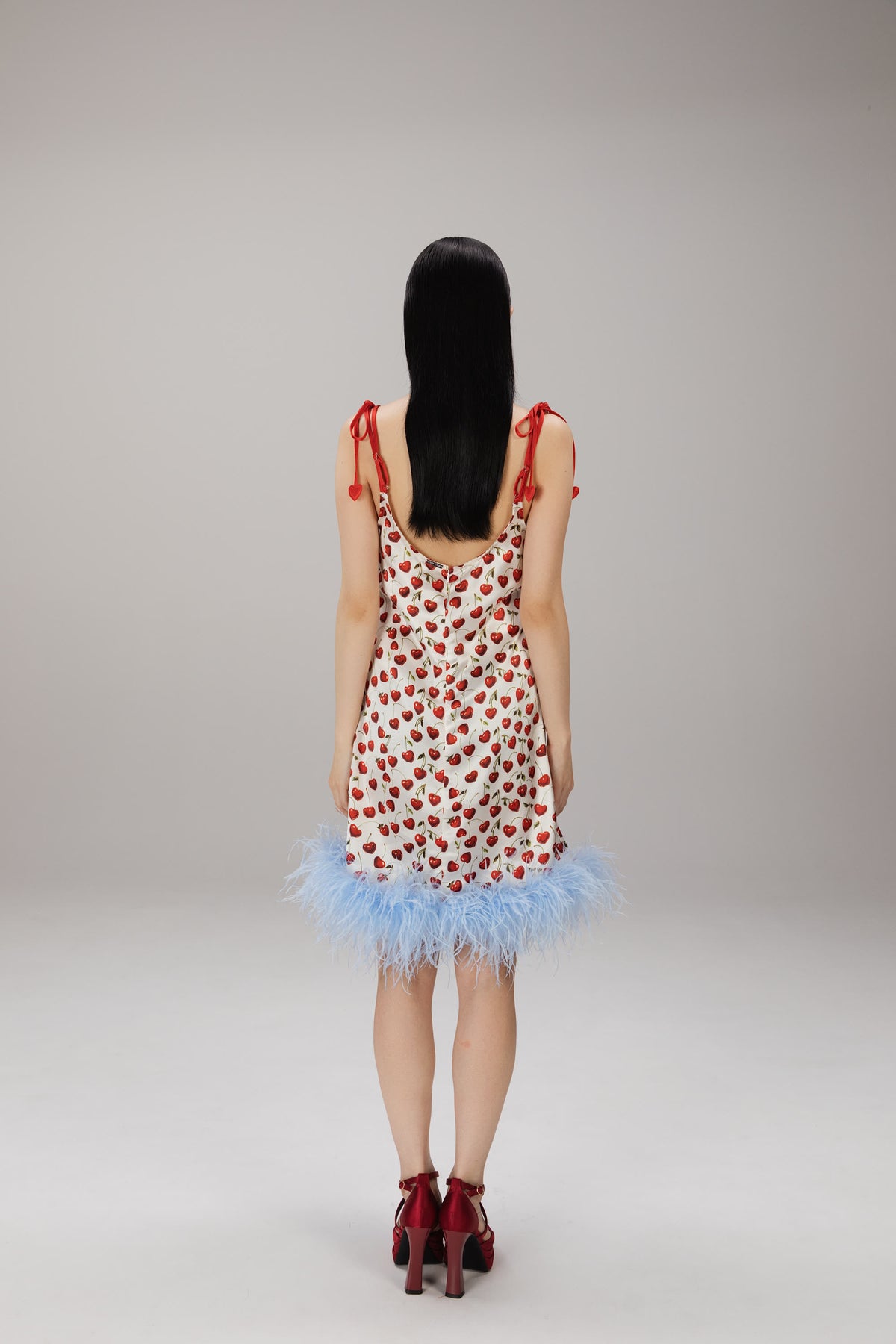 Cherry Feather-Hem Slip Dress worn
