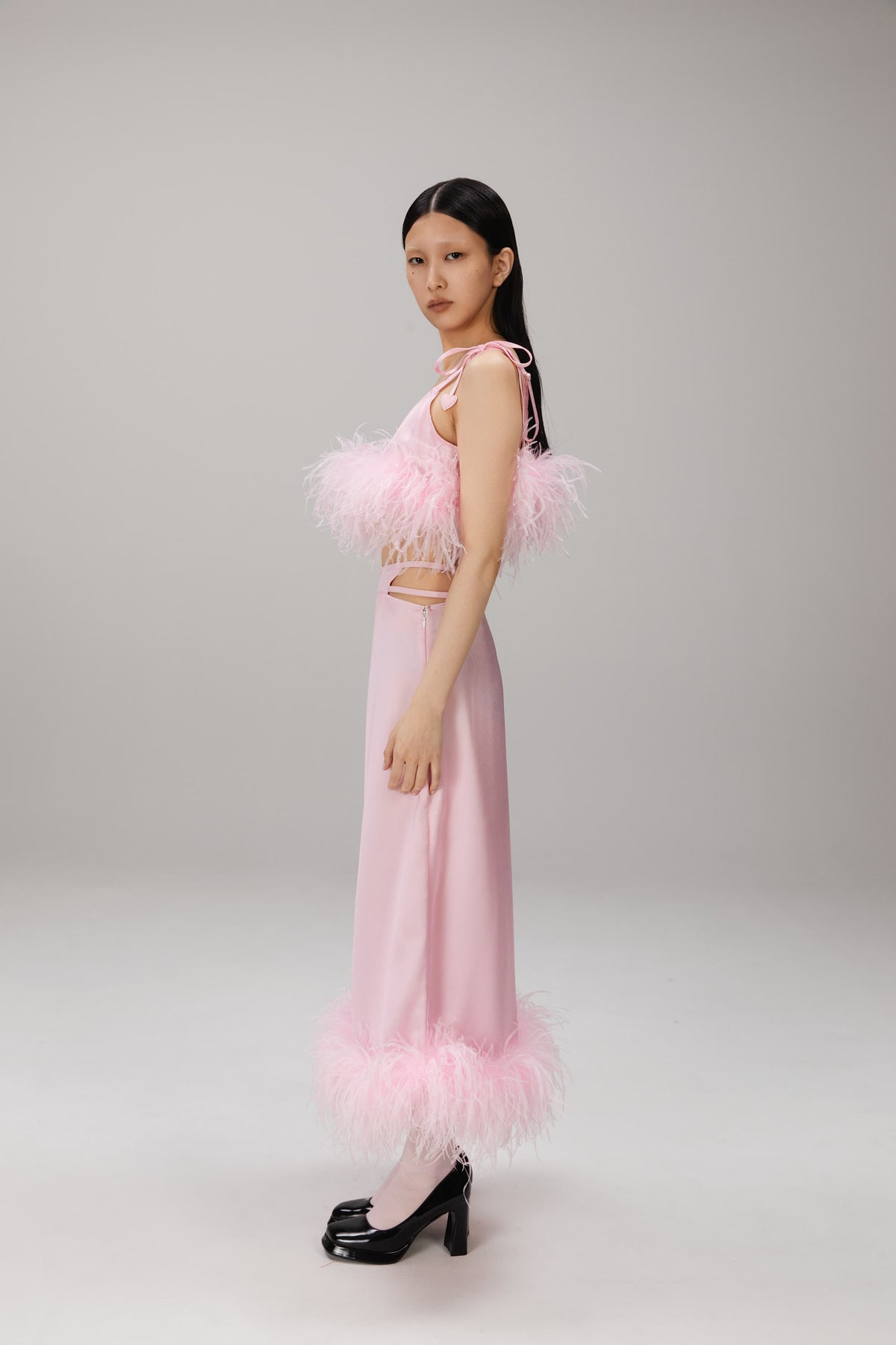 Pink Feather-Hem Satin Skirt worn