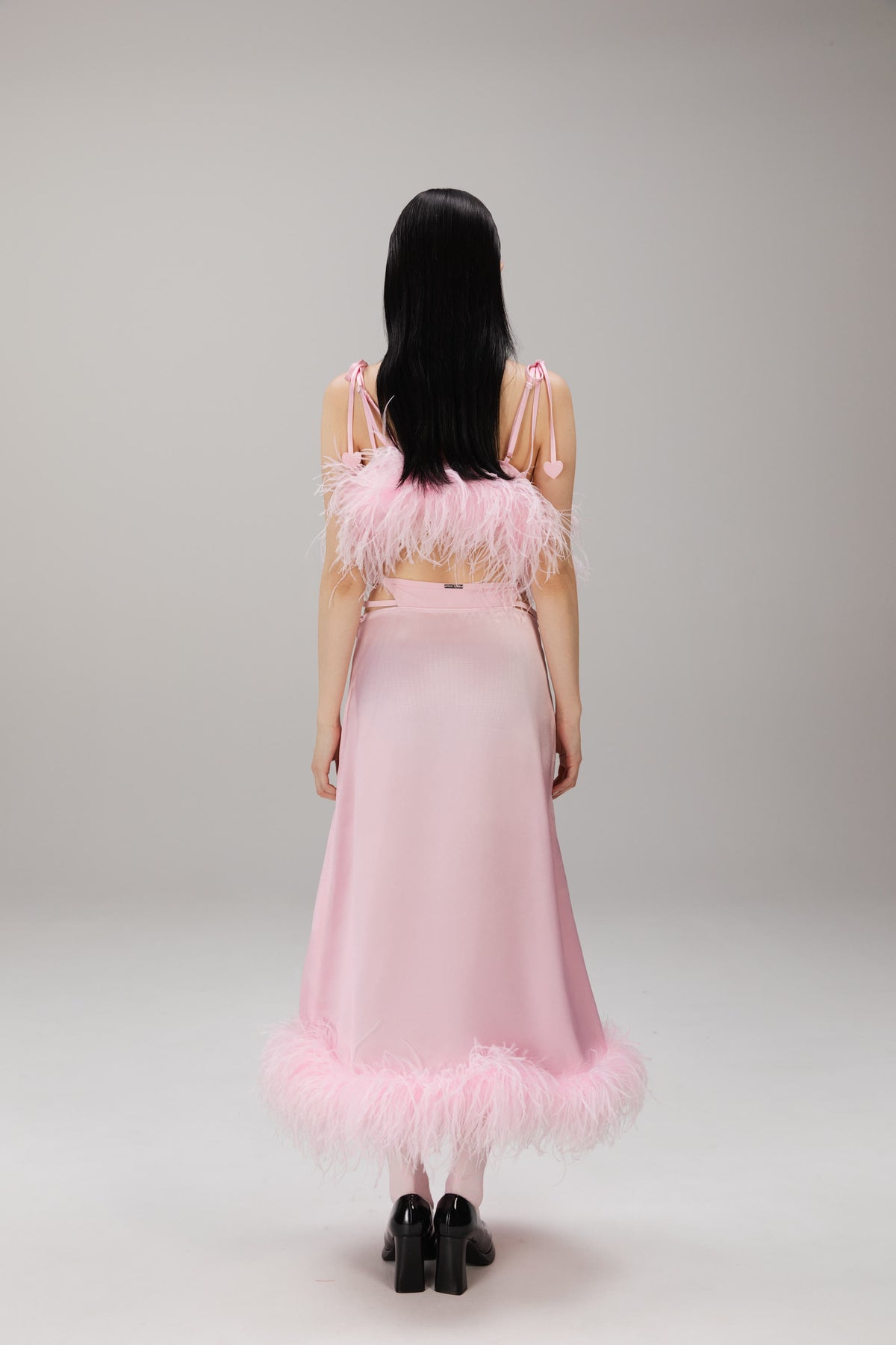 Pink Feather-Hem Satin Skirt worn