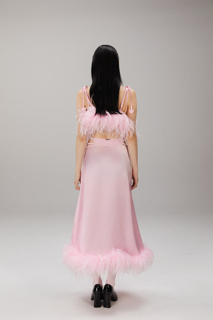 Pink Feather-Hem Satin Skirt worn