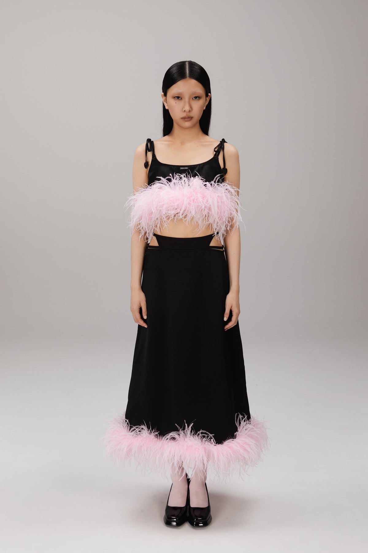 Black Feather-Hem Satin Skirt worn