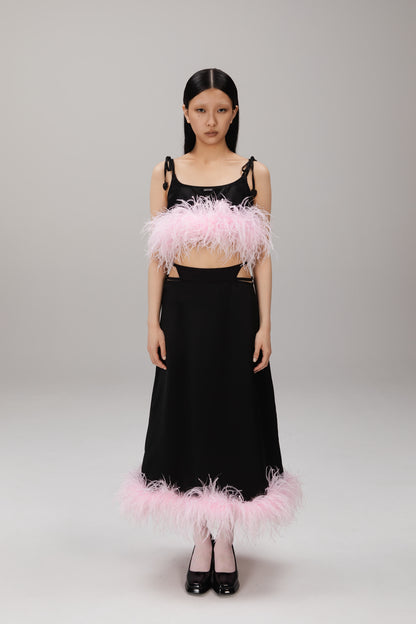 Black Feather-Hem Satin Skirt worn