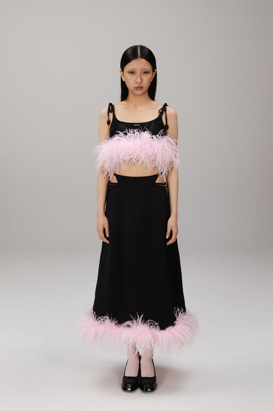 Black Feather-Hem Satin Skirt worn