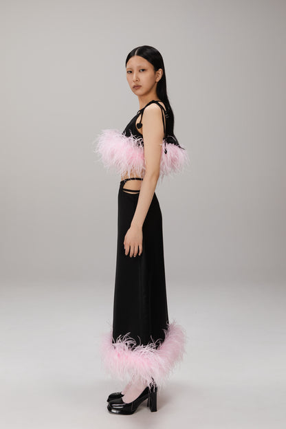 Black Feather-Hem Satin Skirt worn