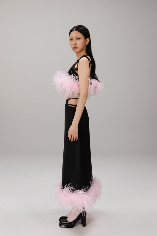 Black Feather-Hem Satin Skirt worn