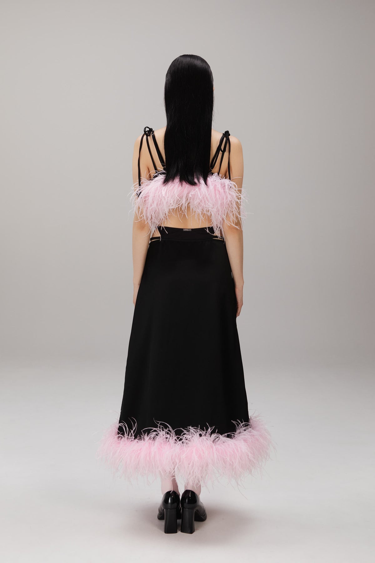 Black Feather-Hem Satin Skirt worn