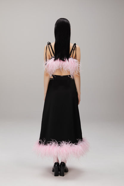 Black Feather-Hem Satin Skirt worn