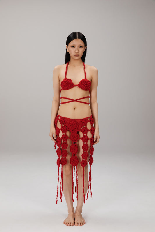 Red Crochet Rose Skirt worn