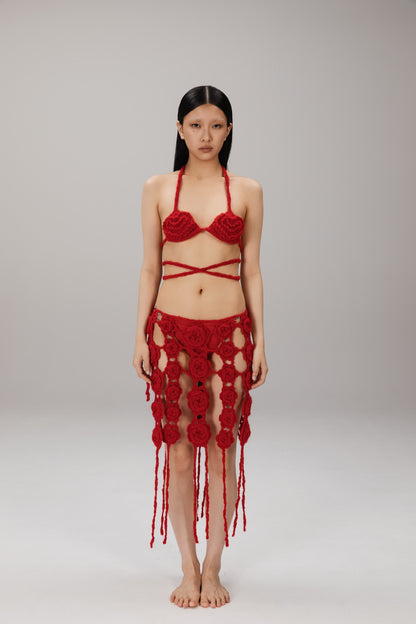 Red Crochet Rose Bra worn