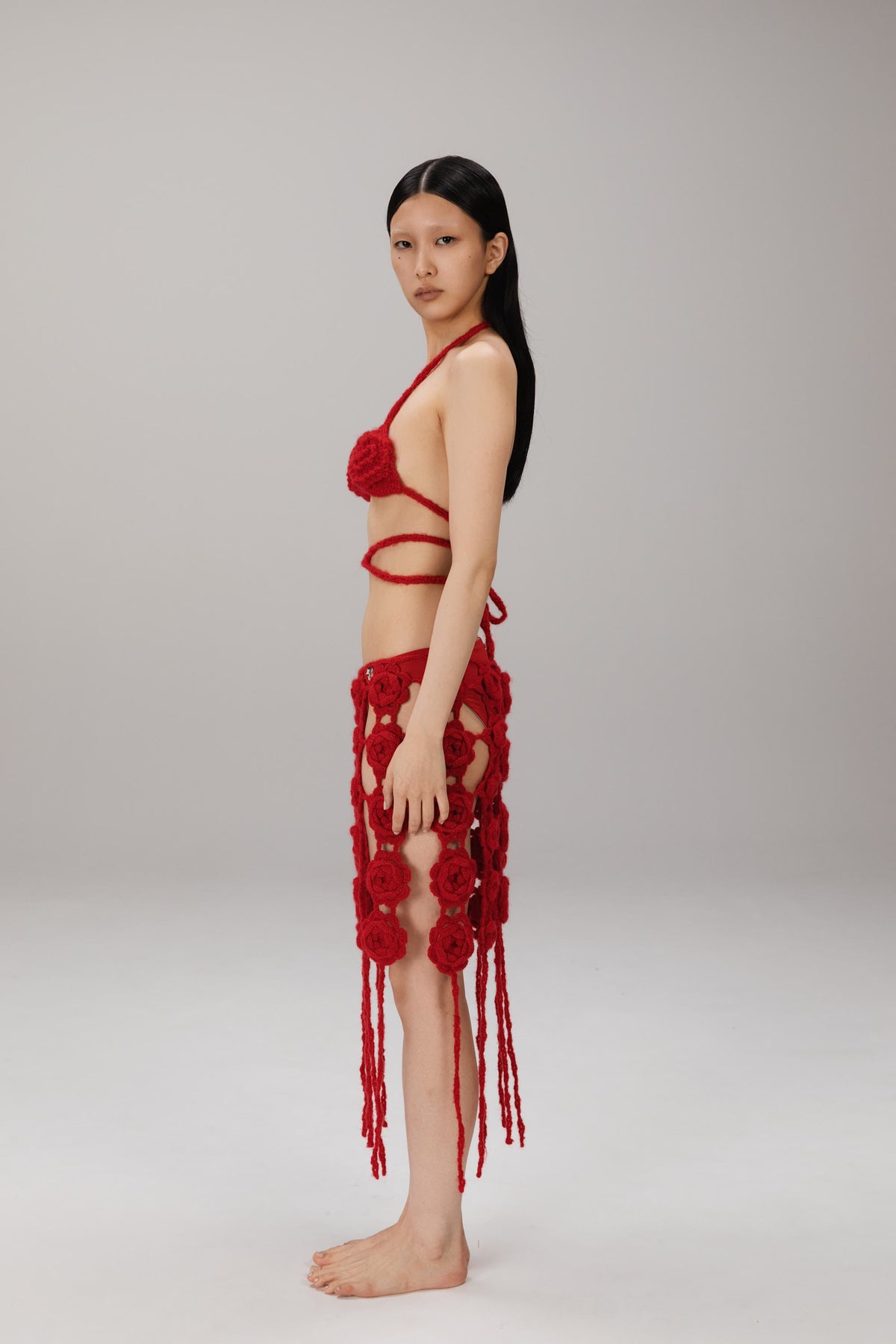 Red Crochet Rose Bra worn