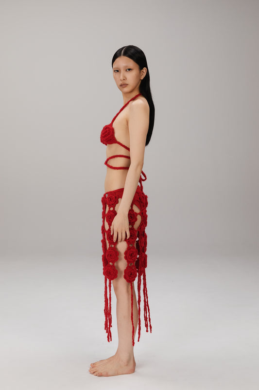 Red Crochet Rose Skirt worn